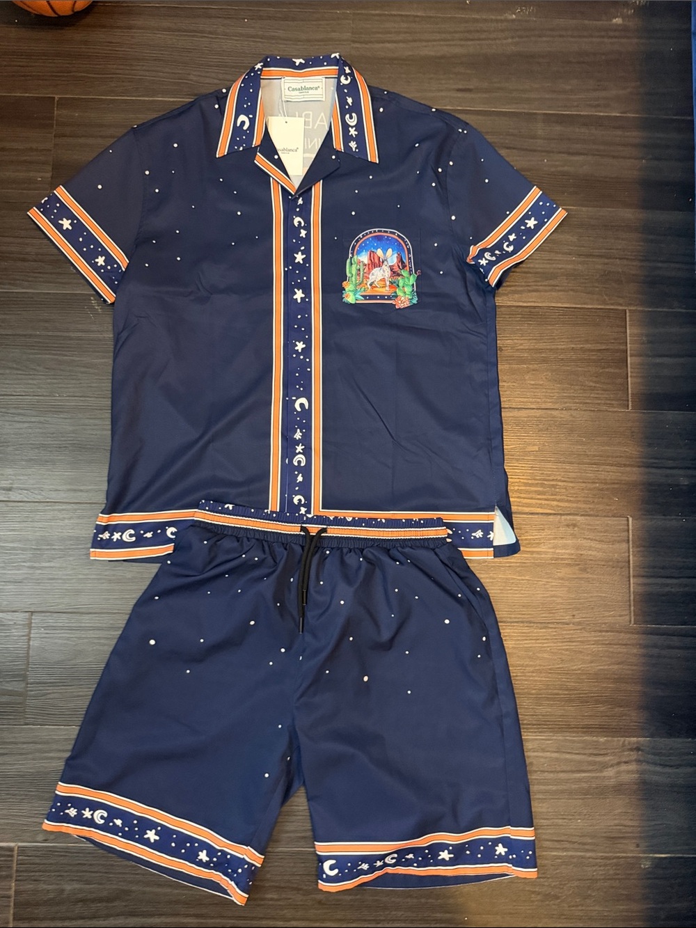 CASABLANCA Navy Starry-Print Kids Pajama Set with Orange Trim